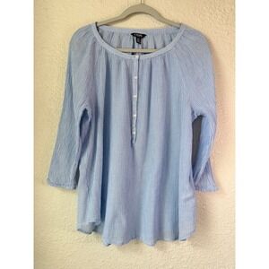 CHAPS Denim Blue White Striped Gauze Peasant Tunic Top 3/4 Neck Women's L